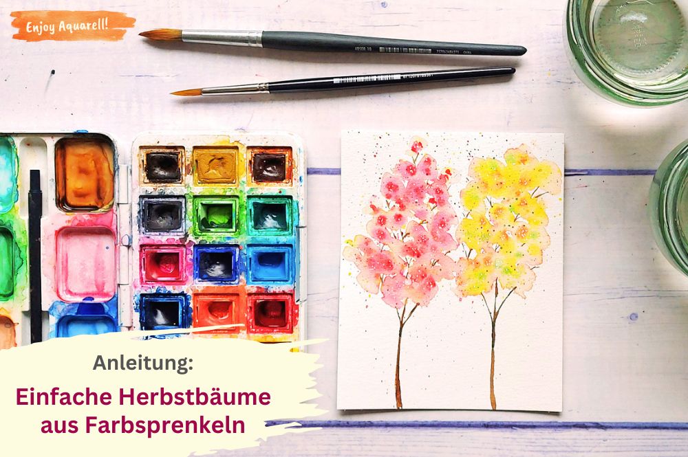 Bild mit zwei einfachen bunten Bäumchen gemalt mit Aquarellfarben