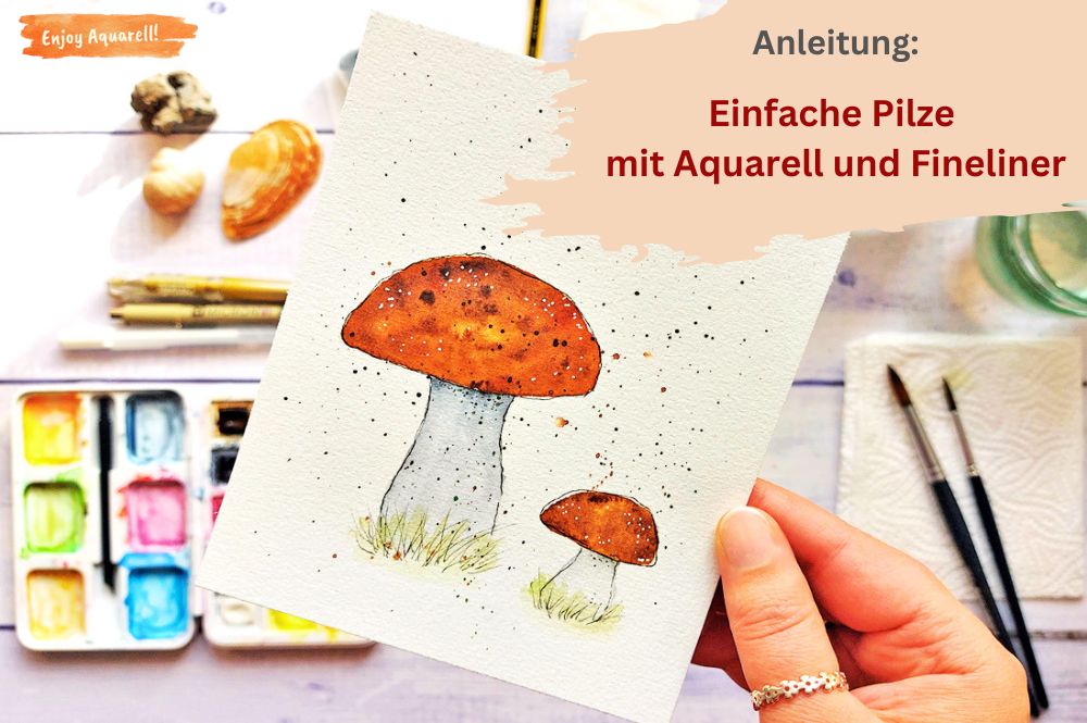 Aquarellbild mit zwei Pilzen mit braunen Kappen