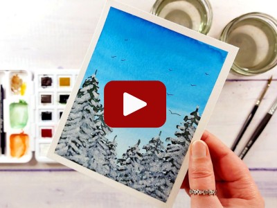 Aquarellbild mit Tannen und Schnee und einem Video-Play-Button