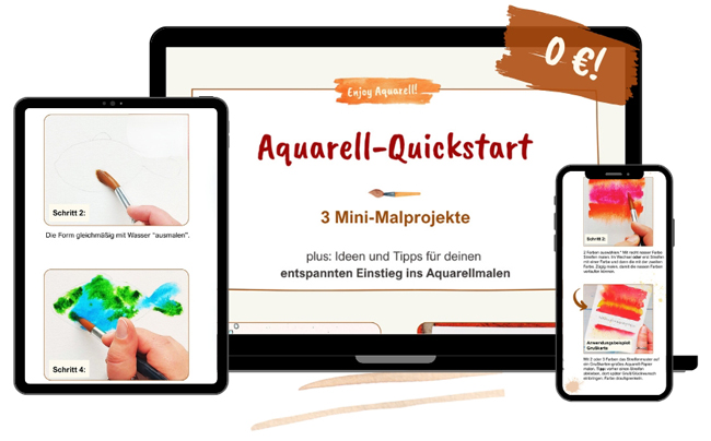 Mockup mit PC-Monitor, Handy und Tablet und Titelbild E-Book 3 Mini-Malprojekte mit Aquarell