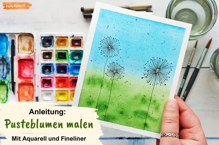 Hand hält Aquarellbild mit Pusteblumen