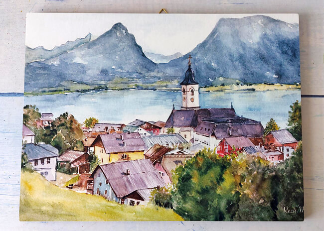 Aquarellbild mit Berglandschaft des Künstlers Reza Mahdavi