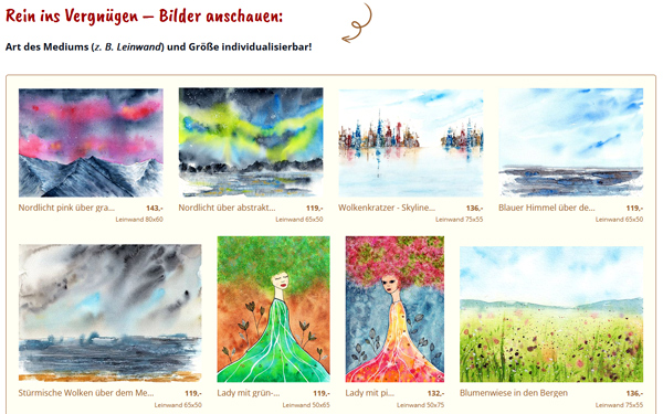 Screenshot von mehreren Aquarell-Kunstdrucken