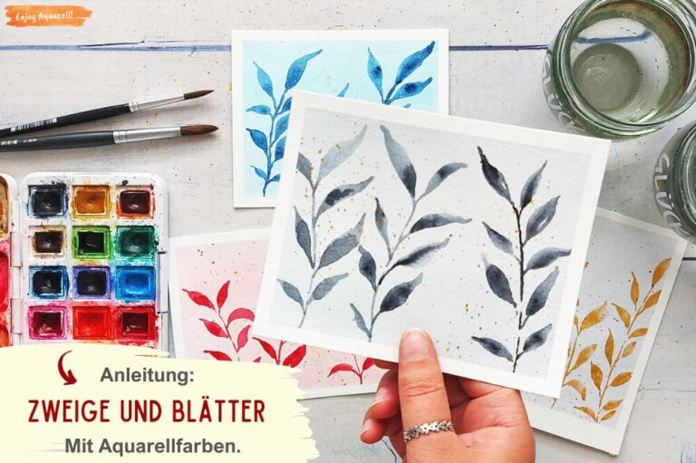 Mit Aquarellfarben gemalte einfache Zweige und Blätter in Grautönen