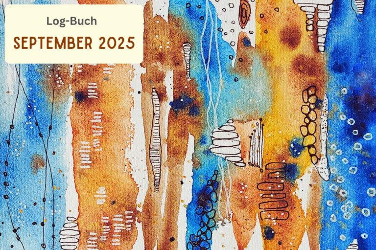 Abstraktes Aquarellbild mit braunen und blauen Streifen und schwarzen Mustern