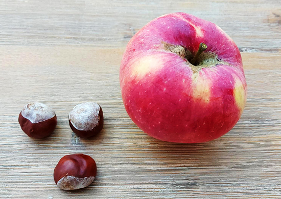 ein Apfel und drei Kastanien auf Holztisch