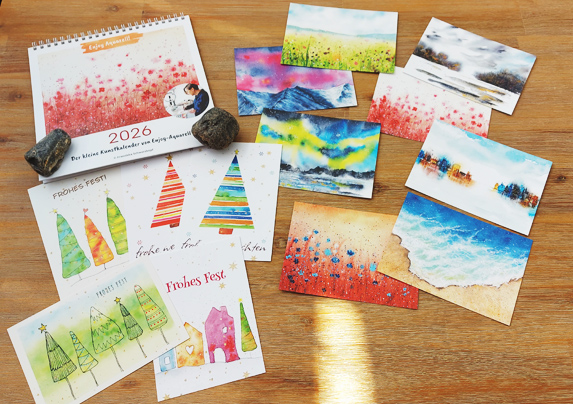 Gedruckte Post- und Weihnachtskarten mit Aquarellmotiven
