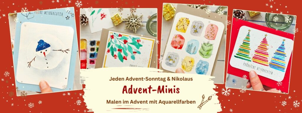 Grafik für Seitentitel mit vier Aquarellbildern mit vorweihnachtlichen Motiven
