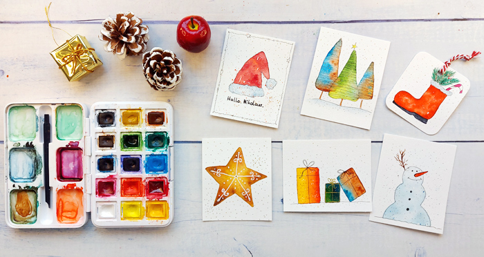 6 Bilder mit weihnachtlichen Aquarellmotiven