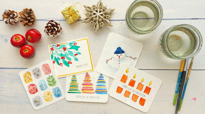 5 kleine Aquarellbilder mit weihnachtlichen Motiven