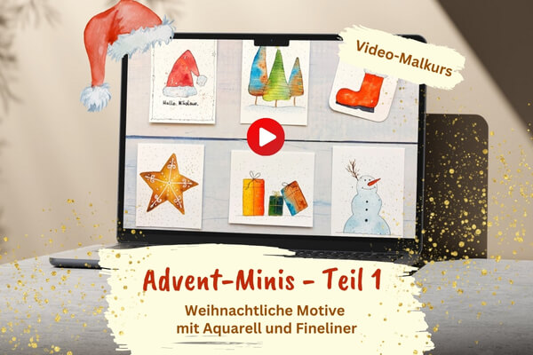Mockup von Video-Malkurs mit weihnachtlichen Motiven auf PC-Bildschirm