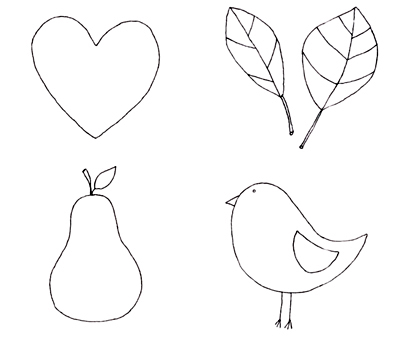 Vier einfache Skizzen: Herz, Blätter, Birne, Vogel