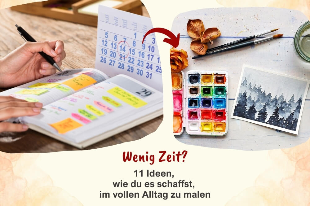 Kalender voller Termine und ein Malplatz mit Aquarellfarben und Aquarellbild