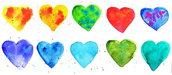 zehn kleine bunte Aquarellherzen