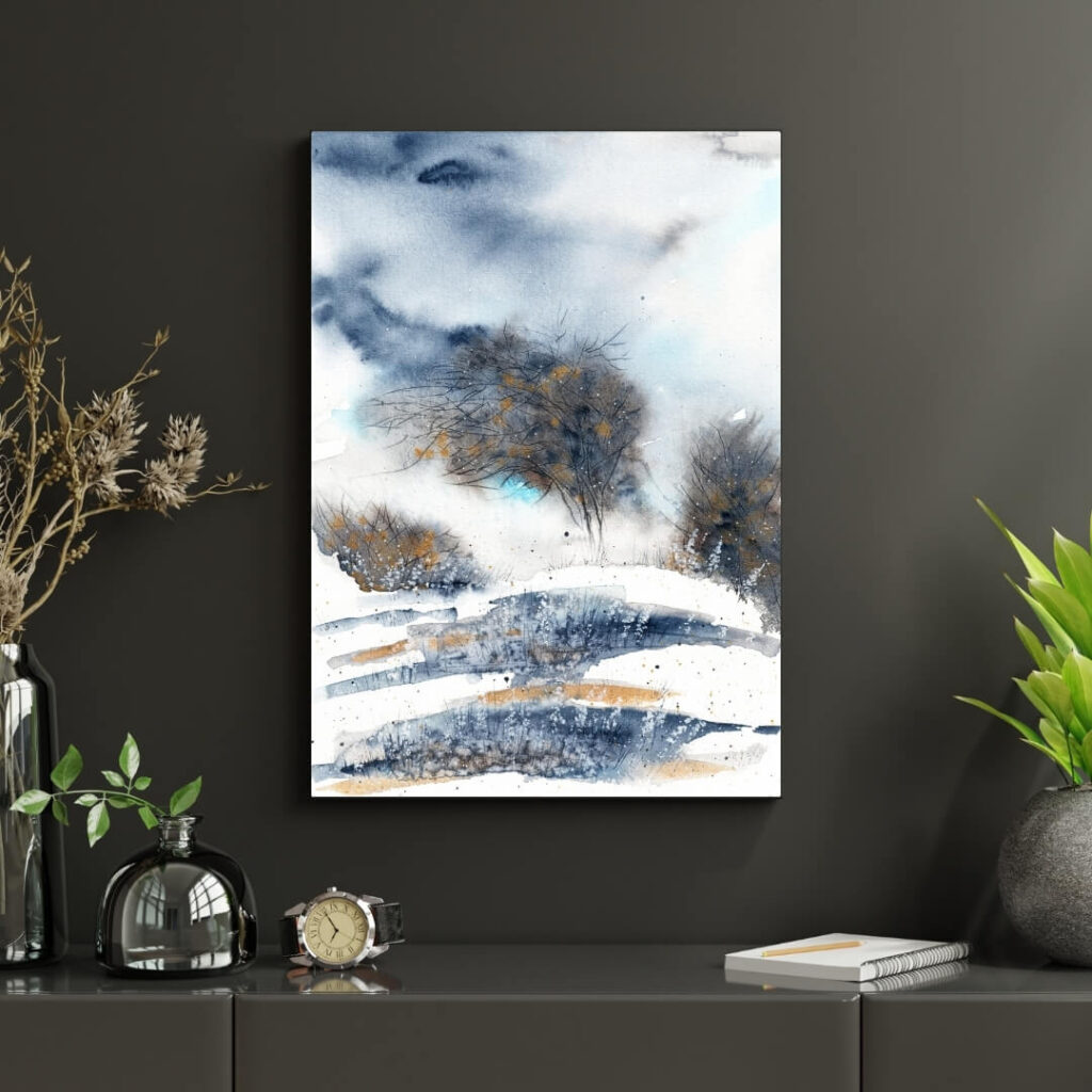 Aquarell-Kunstdruck Motiv "Bäume im Wind" in Wohnsituation