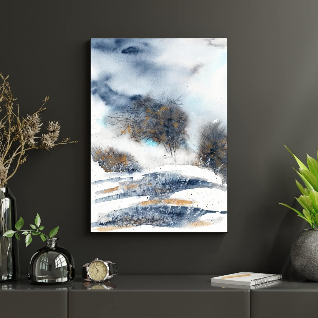 Aquarell-Kunstdruck Motiv "Bäume im Wind" in Wohnsituation