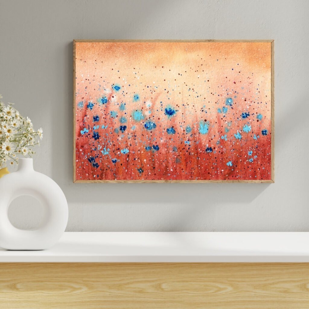 Aquarell-Kunstdruck Motiv: Blaue Blumen im goldenen Feld