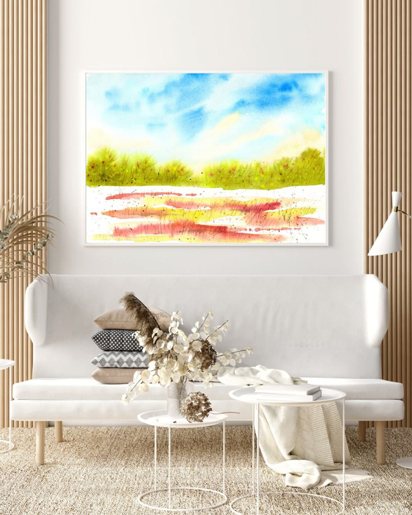 Wohnzimmer mit Kunstdruck an der Wand, Motiv: abstrakte Frühsommer-Landschaft