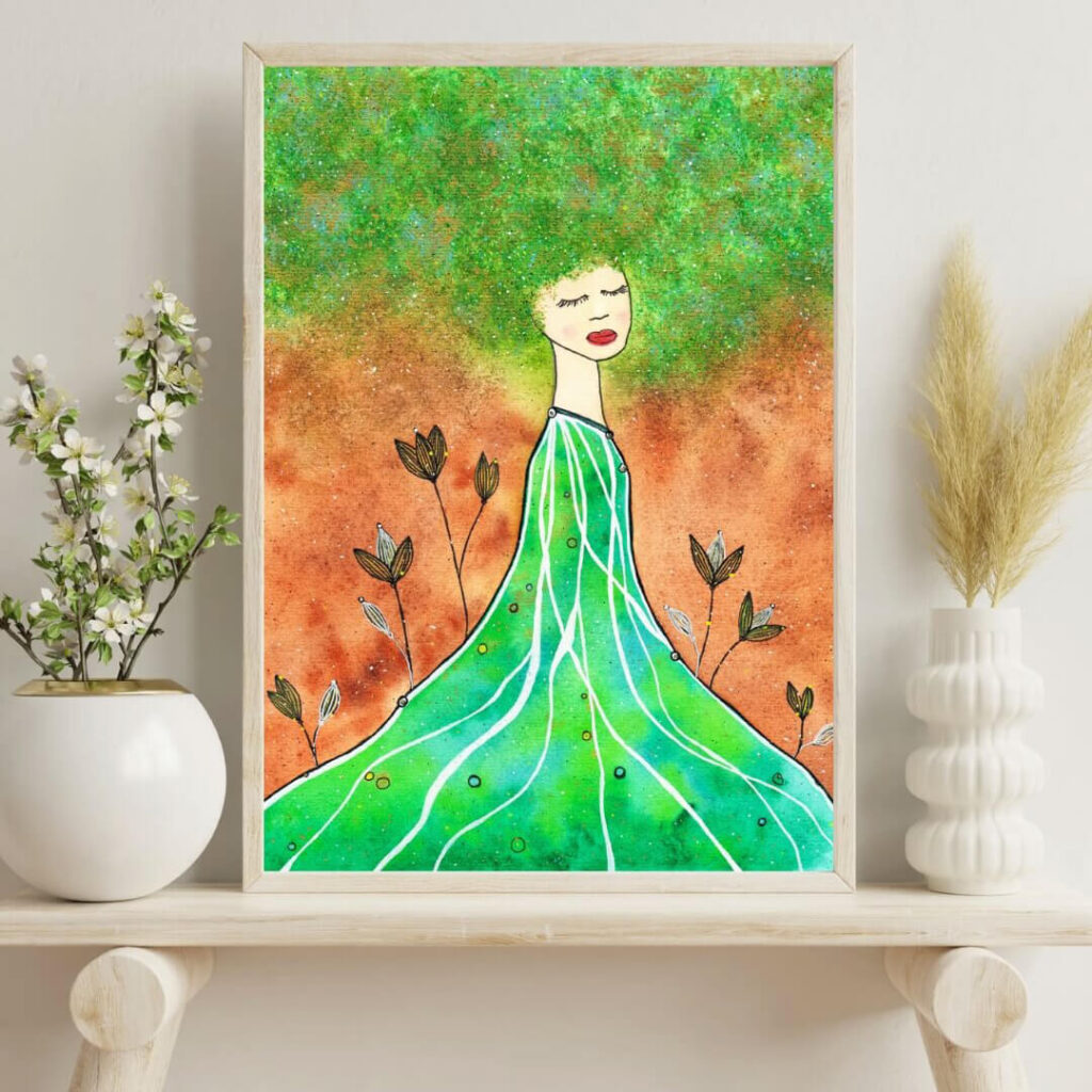 Aquarell-Kunstdruck auf einem hellen Regalbrett Motiv "Lady mit grün-goldenem Haar"