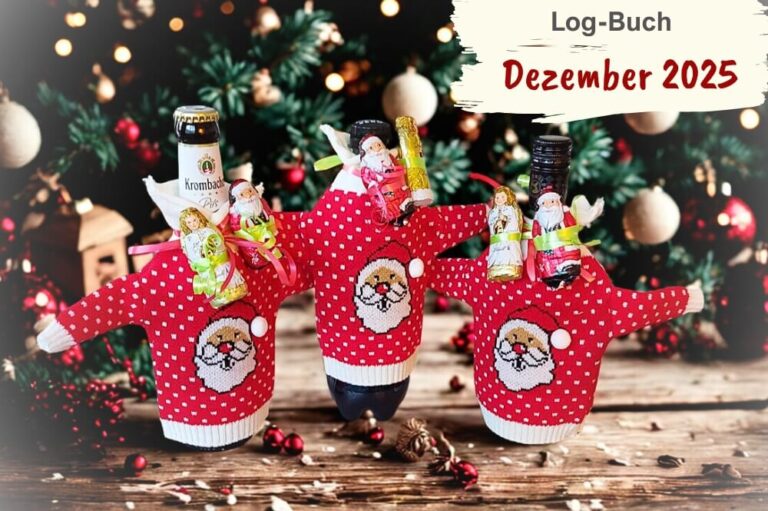 Drei Flaschen mit witzigen rot-weißen Weihnachtspullovern vor weihnachtlichem Hintergrund