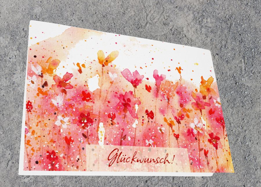 Klappkarte mit lockerem Blumenmotiv in orange und pink, gemalt mit Aquarellfarben