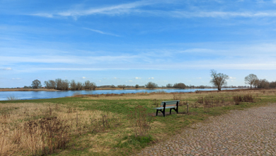 Elbe bei Hitzacker, blauer Himmel, im Vordergrund eine Sitzbank