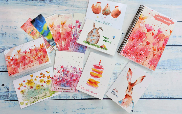 mit Aquarellmotiven bedruckte Grußkarten, Osterkarten, Lesezeichen, ein Notizbuch