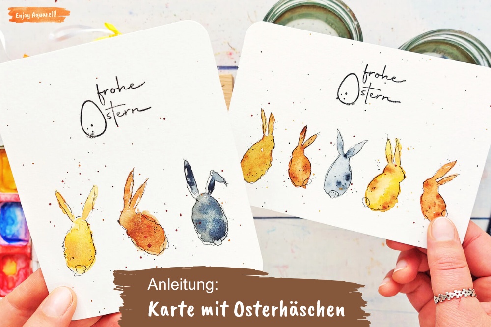Zwei Osterkarten mit kleinen Hasen gemalt mit Aquarellfarben und Fineliner