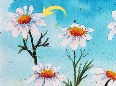 Kamilleblüten vor blauem Himmel gemalt mit Aquarellfarben