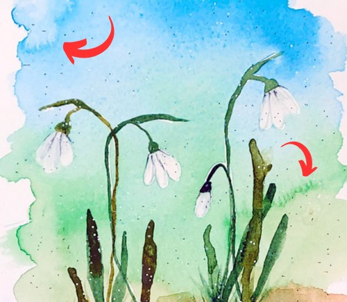 Aquarellbild mit Schneeglöckchen vor blauem Himmel