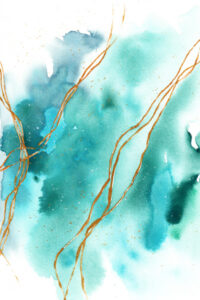 Abstraktes Aquarellbild in Türkis- und Blautönen mit goldenen Linien