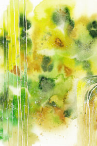 Abstraktes Aquarellbild mit leuchtenden Grüntönen und weißen und goldenen Linien