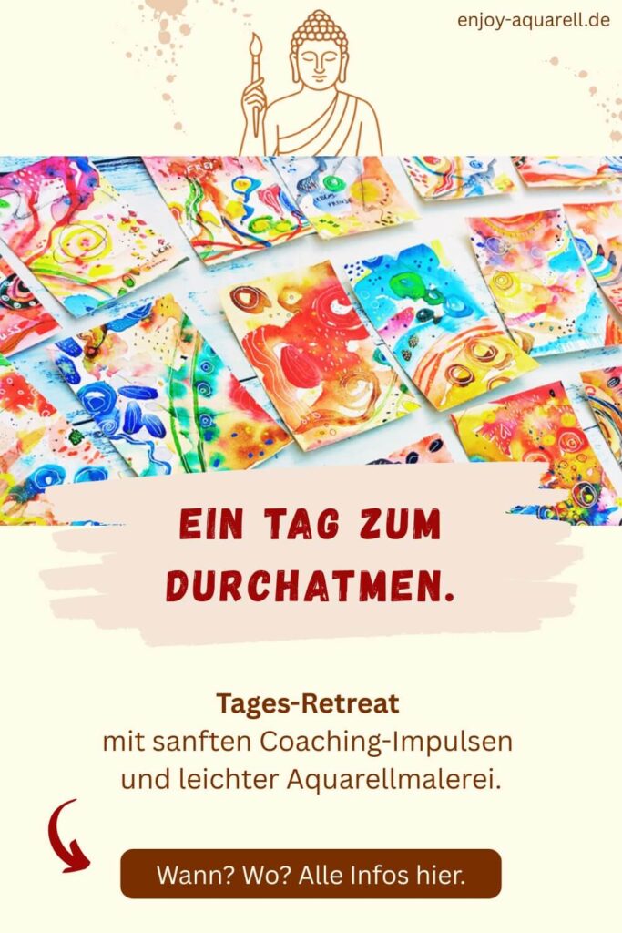 Pinterest-Pin mit leuchtend bunten Karten gemalt mit Aquarellfarben und Infos zu einem kreativen Tages-Retreat