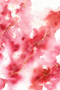 Abstraktes Aquarellbild mit leuchtenden Rottönen und weißen und goldenen Linien