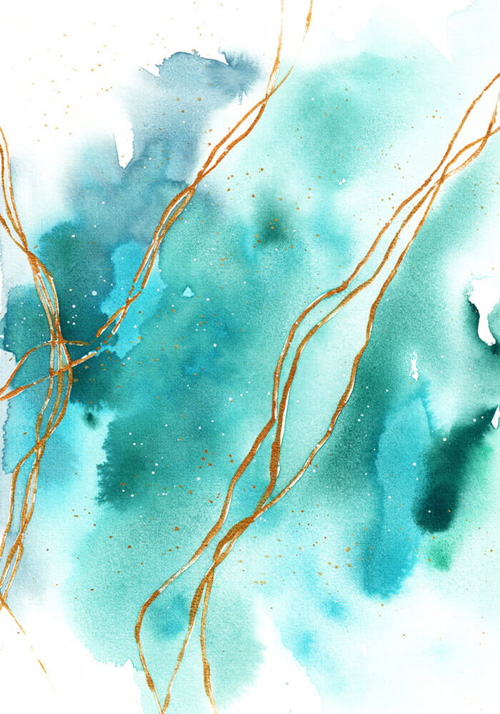 Abstraktes Aquarell in Blautönen mit goldenen Linien