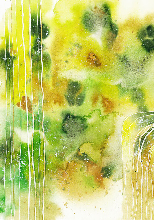 Abstraktes Aquarell in Grüntönen mit weißen und goldenen Linien
