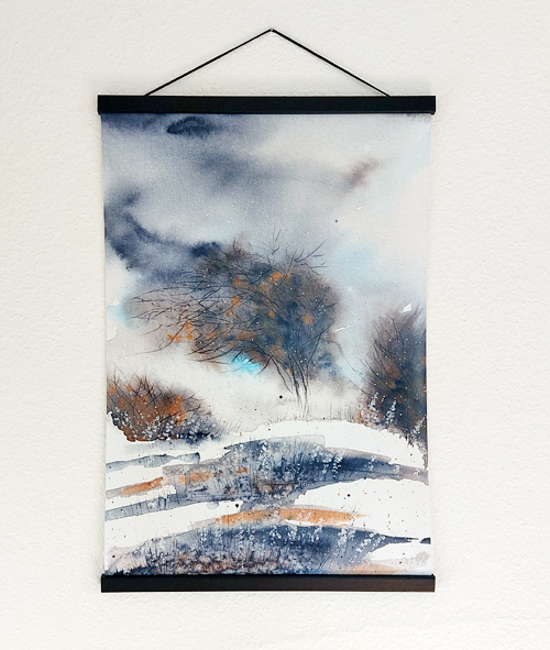 Aquarell-Poster Bäume im Wind mit schwarzen Posterleisten