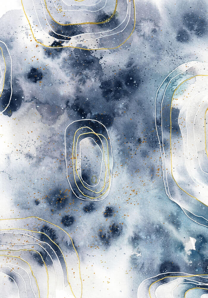 Abstraktes Aquarell in Grautönen mit weißen und goldenen Linien
