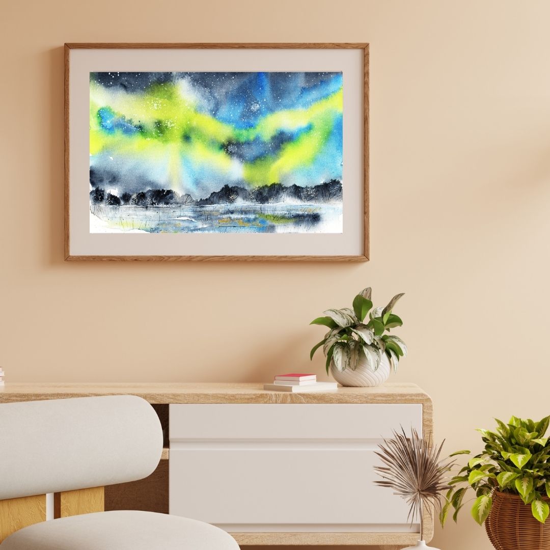 Aquarellbild Polarlicht grün, Wohnraum beige und weiß