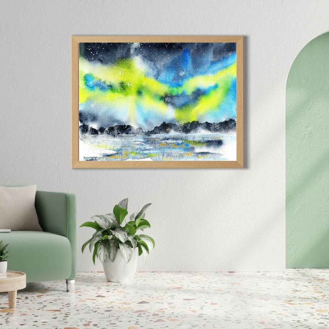 Aquarellbild Polarlicht grün graue Wand grüne Möbel
