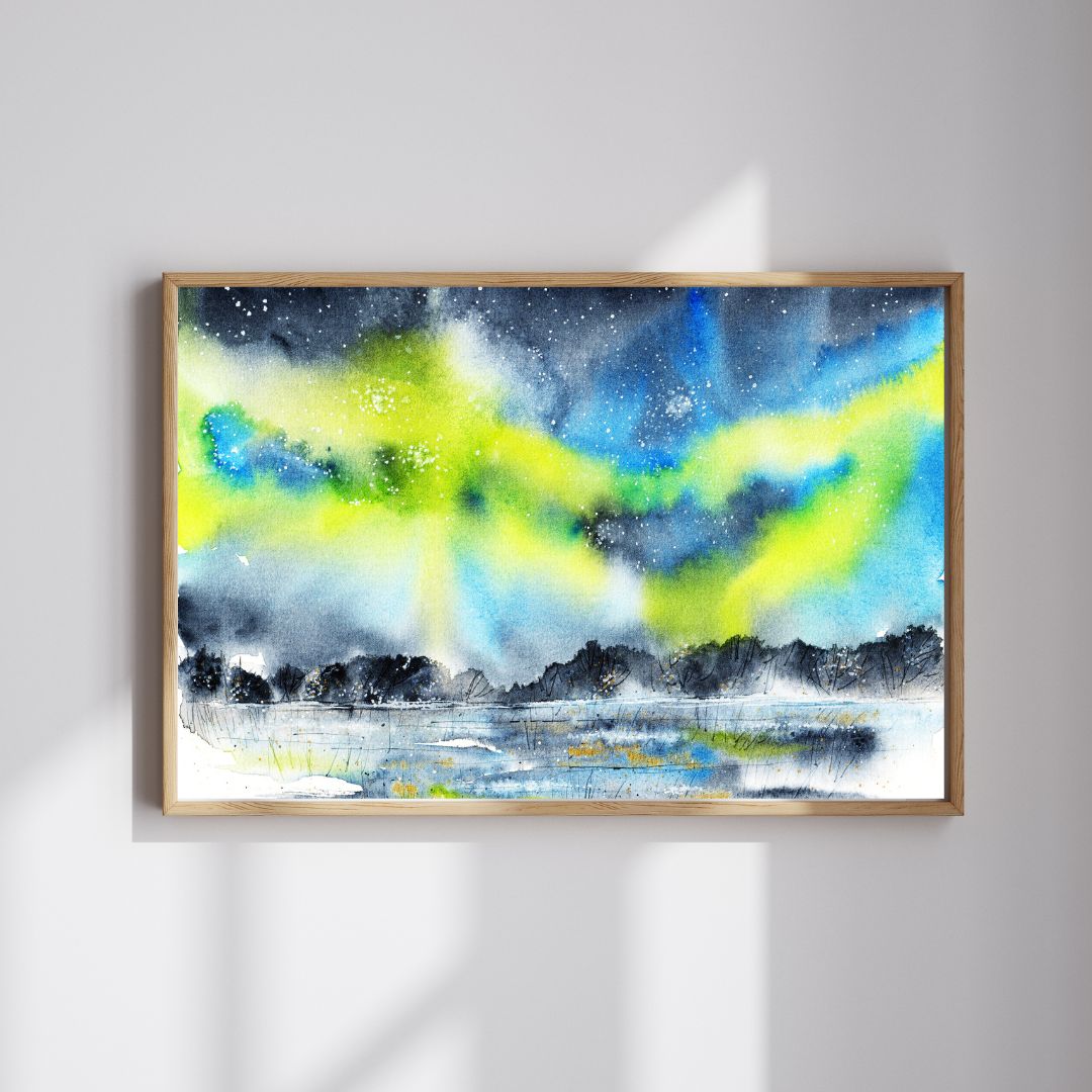 Aquarellbild Polarlicht grün, graue Wand mit Sonnenlicht