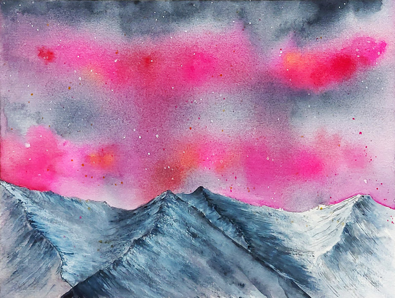 Aquarell mit pinkfarbenem Nordlicht über rauer schwarzgrauer Bergkette