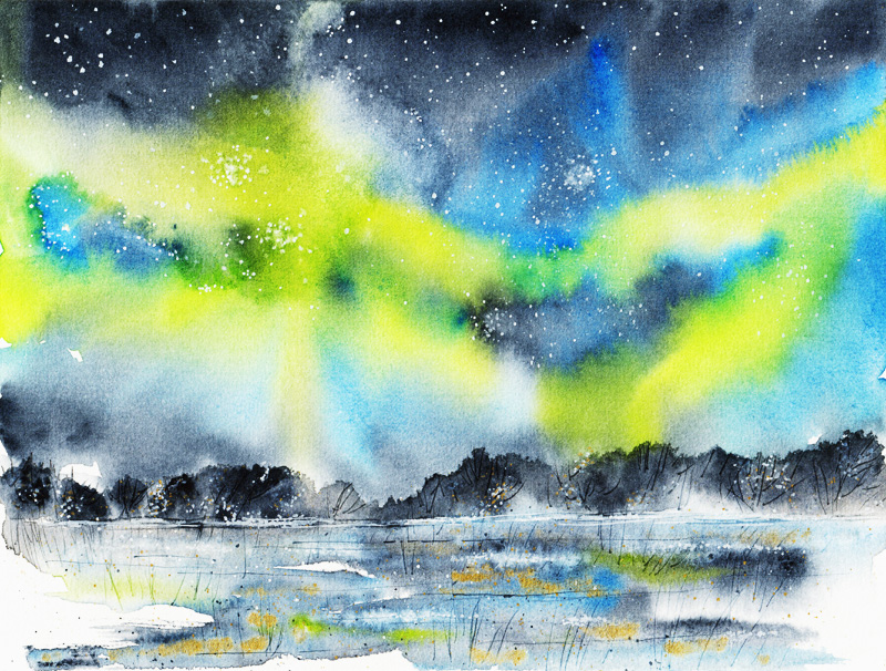 Aquarell-Kunstdruck grünes Polarlicht