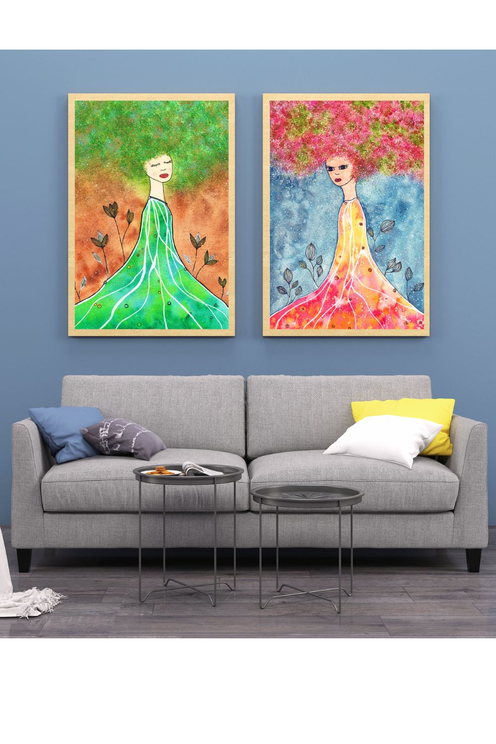 2 Aquarelle Frau grünes Haar, grünes Kleid und Frau pinkes Haar über grauem Sofa