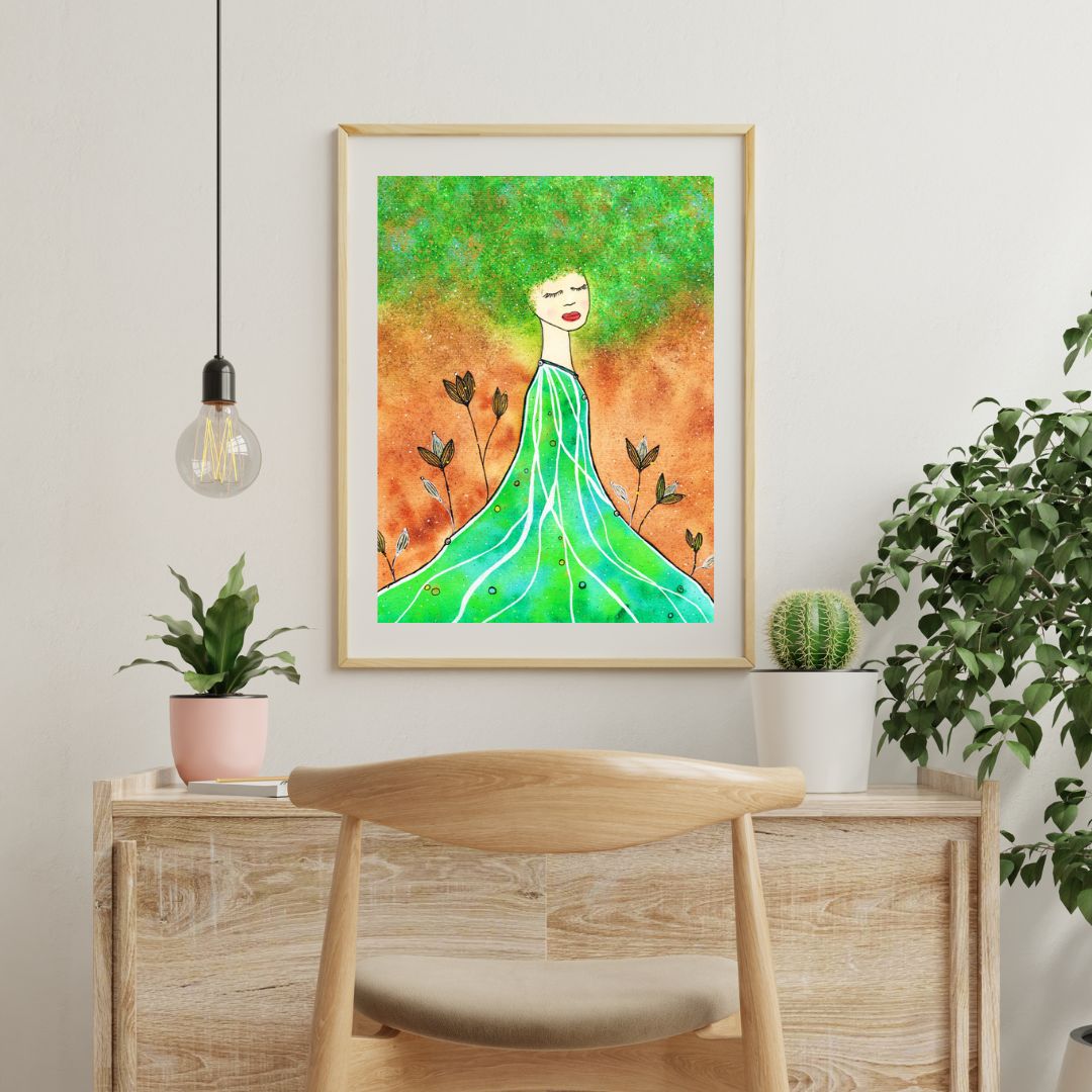 Aquarell Frau grünes Haar, grünes Kleid über Holztisch mit Stuhl