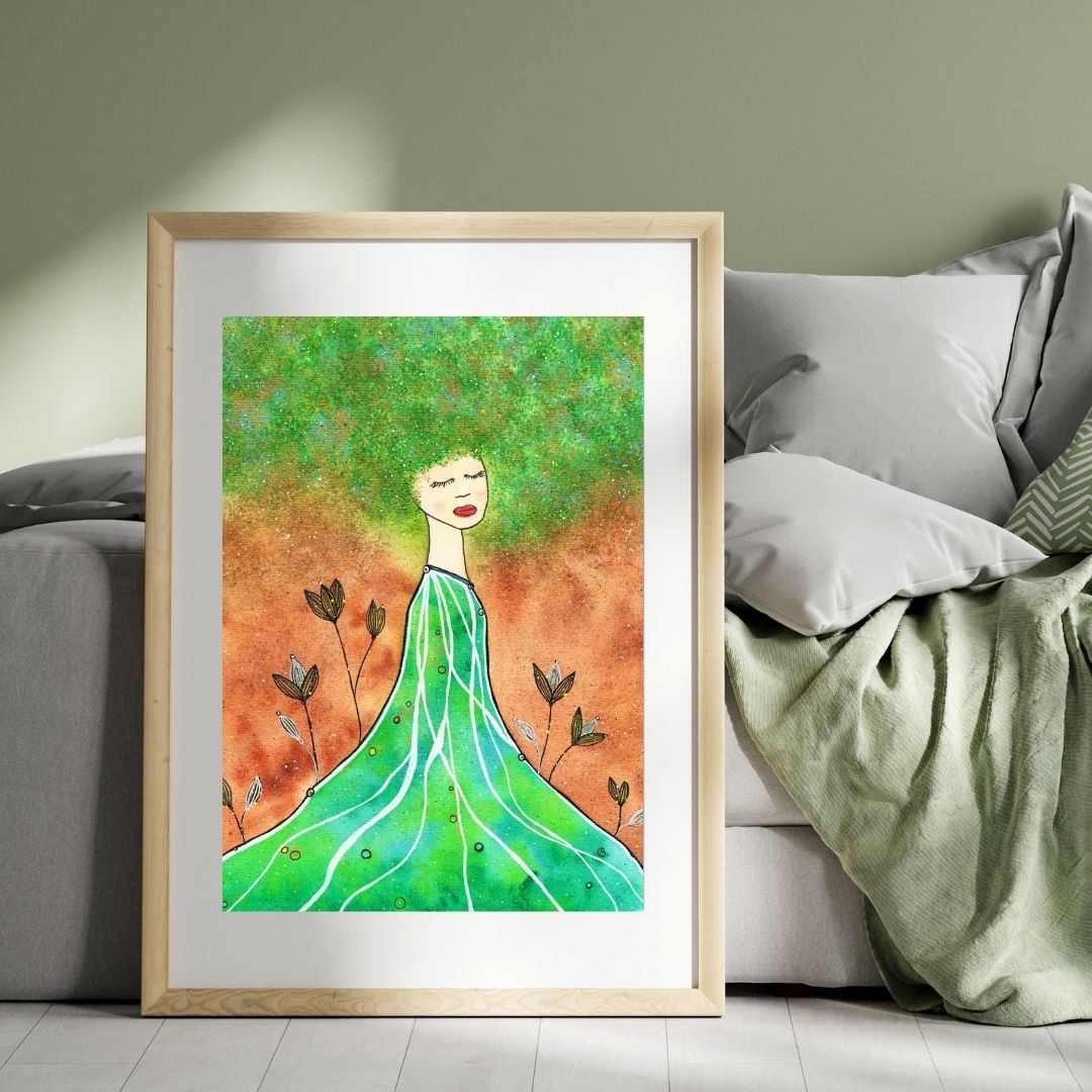 Aquarell Frau grünes Haar, grünes Kleid angelehnt an Sofabett