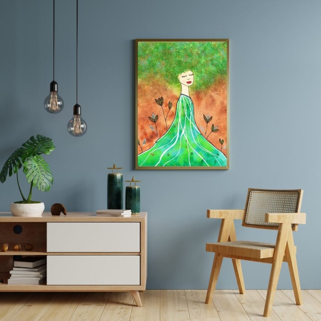 Aquarell Frau grünes Haar, grünes Kleid an grauer Wand, Sideboard, Stuhl