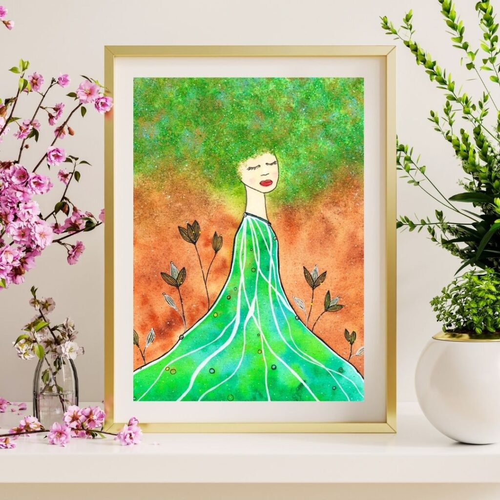 Aquarellbild mit Frau mit grün-goldenem Haar und grün-blauem Kleid