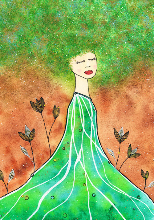 Aquarell Frau grünes Haar, grünes Kleid