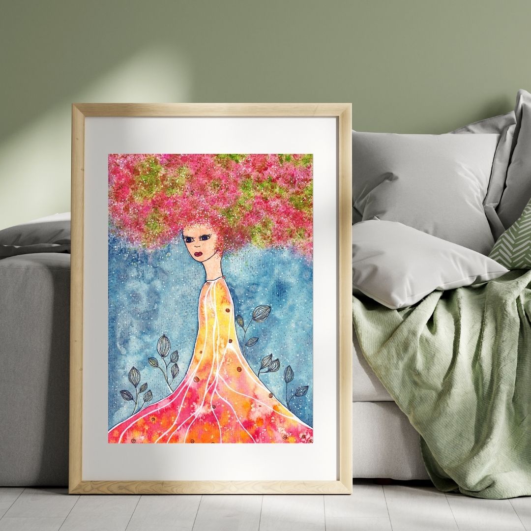 Aquarell Frau pink-grünes Haar angelehnt an Sofabett